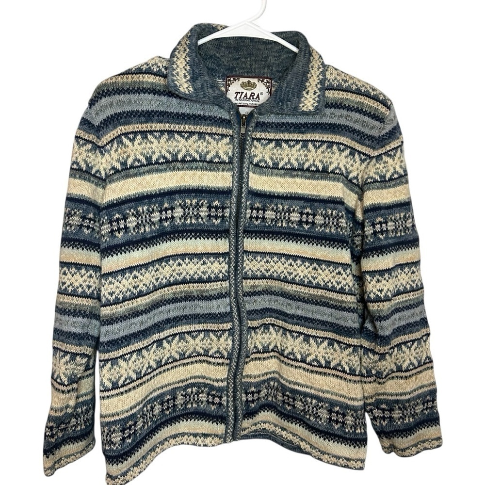 Vintage Tiara Fair Isle Zip Cardigan Sweater Blue Cream Ramie Cotton Small 90s